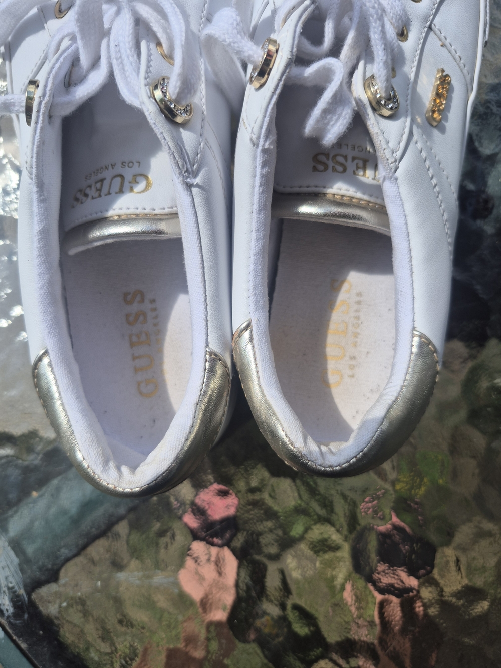 GUESS White and Gold Women's Lace-Up Sneakers
